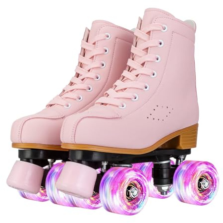 MEIGLQEA Roller Skates for Girls and Women, Cozy PU Leather Pink Purple Light Up Roller Skates, Indoor Outdoor Roller Skates for Youth Beginner Girls Ages 8-12 (32-Youth 1,Pink)