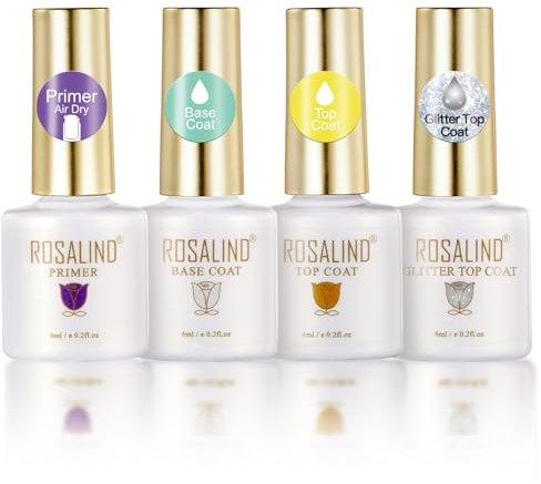 ROSALIND UV Nagellack Base und Top Coat Set,4 Stück Gel Nagellack Unterlack und Überlack Mit Primer Glitzer Top Coat,Soak-Off UV LED Nageldesign Maniküre Set