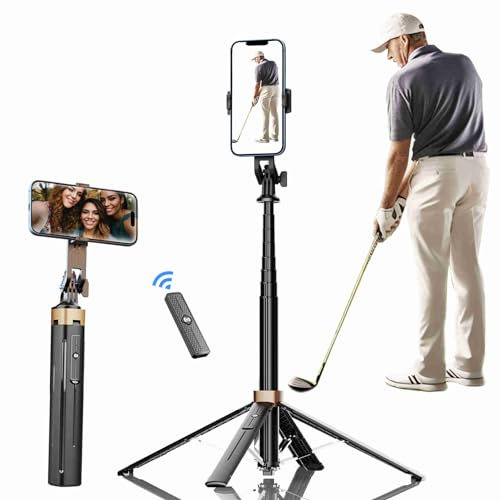 Phone Tripod Selfie Stick for Golf Training 71'' Golf Tripod with Detachable Wireless Remote Portable Smartphone Tripod for iPhone, Android, Camera & Gopro (Black)
