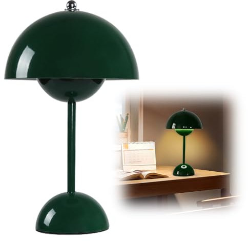 DASIAUTOEM Pilzlampen Tischlampe, LED Akku Tischlampe Kabellos, 3000k-6000k Moderne Aufladbar, Touch Dimmbar Tischleuchte Macaron Lampe mit 3 Helligkeits Modi, Retro Nachttischlampe (Dunkelgrün)