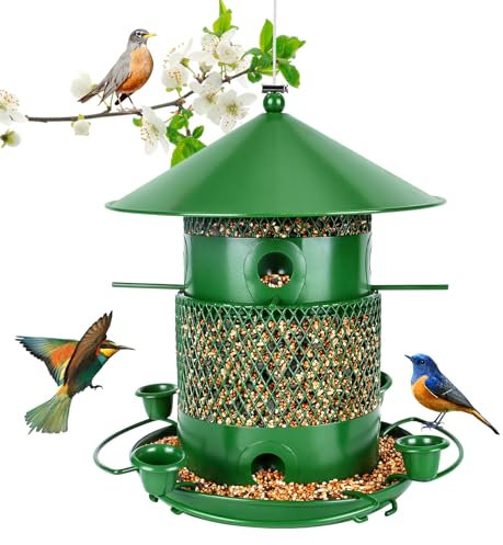 Glovios Vogelfutterspender Hängend 2.5L Wetterfest Vogelfutterhaus mit 360° Futterständer, Vogelfutterstation zum Aufhängen Edelstahl Futterhaus für Wildvögel, Vogelfuttersäule im Wald Garten