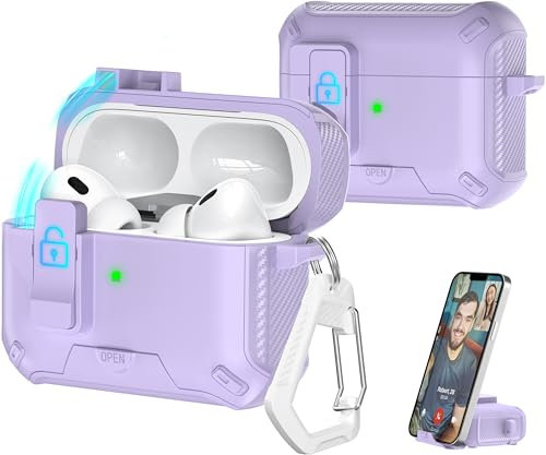 R-fun Kompatibel mit AirPods Pro 2. Generation/1. Generation Kopfhörerhüllen, vollständig sturzsicheres Auto-Eject-Schutzhüllendesign, neues Ladeanschluss-Staub- und Ständerdesign,Lila
