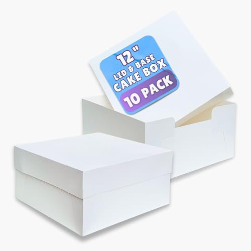 PACK N TRADE White Cake Box 12 inch, Pack of 10 Square Cardboard Cake Boxes with lids (12 x 12 x 6 Inches), Ideal for Safely Carrying and Transporting Cakes
