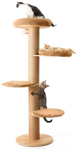 FUKUMARU Kratzbaum, 5 Etagen Kratzbaum mit geräumigen Plüsch Bett, vielseitig Fenster oder Wand Mount Kletterturm, mit 14cm dicken Kratzsäule Katzenbaum zum Schlafen, Kratzen und beobachten,beige