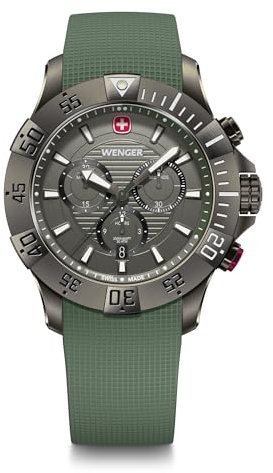 WENGER Herren Armbanduhr Seaforce Chronograph Ø 43 mm, Swiss Made, Analog Quarz, Wasserdicht bis 200 m, Silikon-Armband, Schwarz/Grün, 01.0643.127