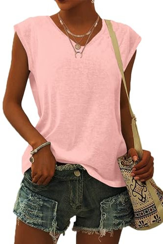WNEEDU Women Tops Summer T-Shirts for Women UK V Neck Cap Sleeve Ladies Summer Tank Tops Blouses Light Pink L