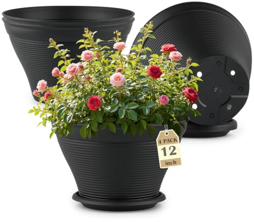 RooTrimmer 4 Pack 12 Inch Plant Pots with Drainage Holes, Plastic Flower Pots with Saucer, Large Planters for Indoor Outdoor Garden, House Plants and Flowers, Black
