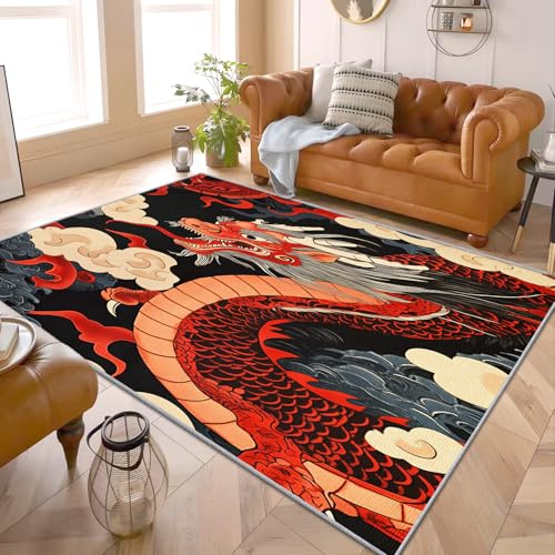 Generisch Drachen Teppich - Teppich Wohnzimmer Schlafzimmer Drachenmotiv, Kleiner Teppich Chinesischer Drachen, Weich Kurzflor & Waschbar & rutschfest Fussmatte Innen, Kinderteppich 80x150 cm