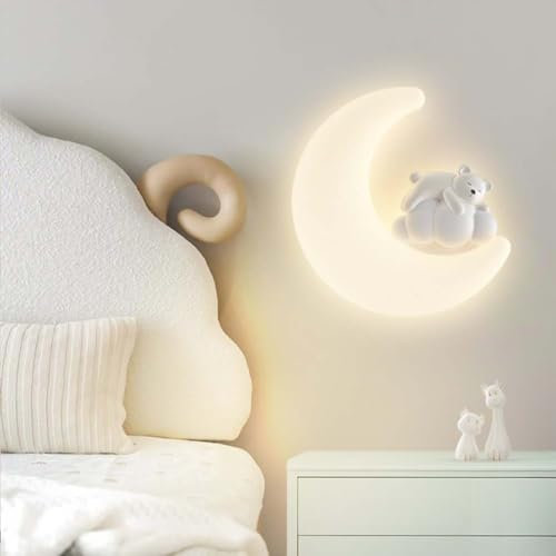 AoLa LED Mond Wandlampe lnnen Kinderzimmer Bär Wandleuchte Modern Cartoon Mond-Bär Design Deko Lampe 3 Farbtemperaturen 3000K/4000K/6000K Nachttischlampe Jungen Mädchen Zimmer Nachtlicht