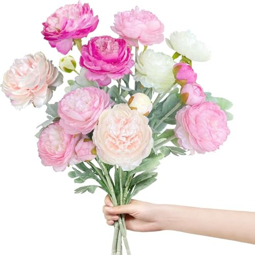 5 Bündel Pfingstrosen Kunstblumen wie Echt, 3 Heads Faux Peony Seidenblumen, Künstliche Blumen Ranunkeln Künstlich Pfingstrose Kunst Blumen, Wohnkultur, Hochzeitsdekoration (Gemischte,10 Stück)