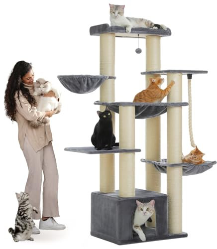 PAWZ Road Kratzbaum Große Katzen stabil mit Mehreren Ebenen, Hängematte,13 Sisalpfosten(φ11cm), Großer Sitzstange, Höhle, Körben, Kratzbaum XXL 170cm, Grau