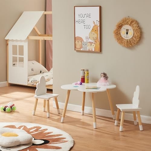 [en.casa] Kindertisch mit 2 Stühlen Epim Kinderstühle mit Rückenlehne Kindersitzgruppe Kindermöbel Wolkendesign Spieltisch Maltisch Holz Weiß