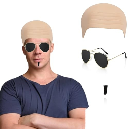 PcvGef Pitbull Kostüm Glatzenkappe Pitbull, 3-teiliges Set mit Glatze, Sonnenbrille und Bart, für Cosplay, Halloween und Theater, Hautfarbener Falten-Glattschutz (23 cm)