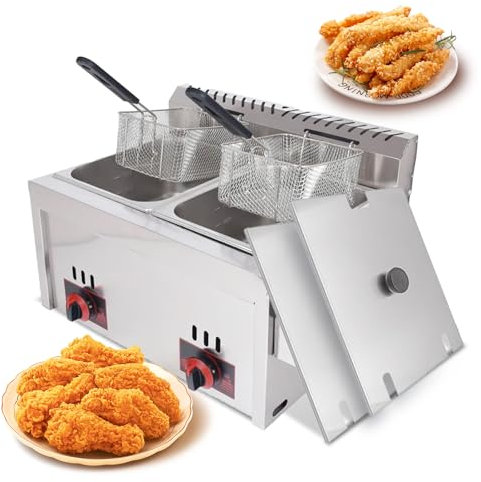 robwibw Friggitrice a Gas 20L Professionale Doppia Friggitrice Olio Commerciale Doppia Friggitrice a Gas in Acciaio Inox con Cestello per Patatine Fritte per Ristorante Cucina Domestica Snack Bar