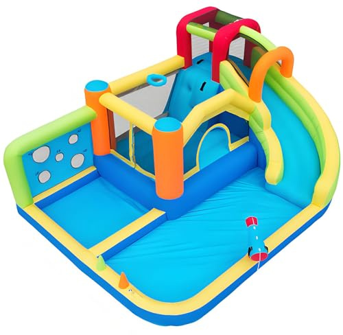 GYQSSD Kinder Hüpfburg mit Gebläse - Multifunktional Outdoor Wasserpark + Trampolinpark, Wasserrutsche, Wurfpunktwand, Basketballkorb, Kletterwand, Inklusive 450W-Gebläse
