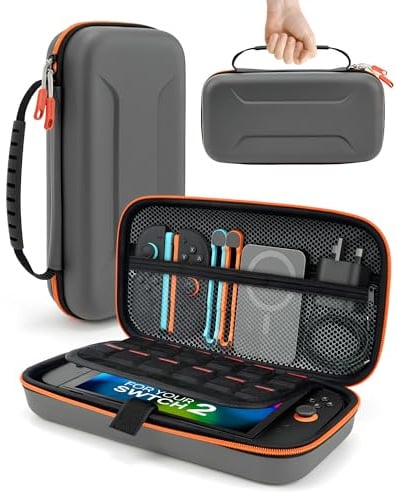 TRANSNOVO Pochette Housse pour Console et Chargeur Nintendo Switch 2 (2025), Étui Sacoche Transportable avec Emplacements pour Cartes de Jeu et Pochette Intérieure pour Accessoires, Gris
