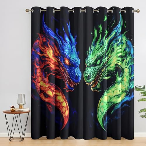 Generisch Drache Vorhänge mit Ösen, H 137 x B 117, 2er Set - Fantasy Motiv Gardinen Wohnzimmer Schlafzimmer Deko, Fenster Vorhang Blickdicht Blackout Curtain （S187）