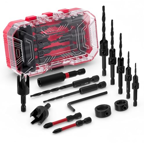 Countersink Drill Bit Set, 15PCS HSS Tapered Drill Bits with Plug Cutters and Depth Stop Rings Replacement Drills and PH1 PH2 Screwdriver Bit, Quick-Change for Woodworking with Storage Box
