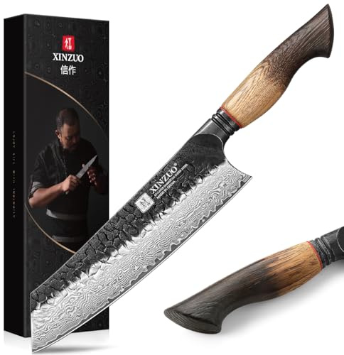 XINZUO 8.3 Inch Kiritsuke Chef Knife,Forged 67 Layers 10Cr15Comov High Carbon Damascus Steel Professional Kitchen Knife,Super Sharp,White Oak + Red G10 Gasket Handle