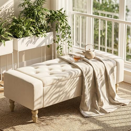 Hellove Banco de Almacenaje con Patas de Madera, 120x45x43 cm, Puff Tapizado con Botones en Tela de Lino, Sin Brazos, Banc Coffre para Salón, Dormitorio o Pie de Cama, Pasillo, de Carga 150 KG Beige