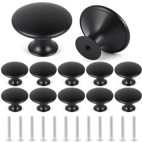 OSDUE 12 PCS Black Cabinet Knobs, Single Hole Cupboard Handles, 30mm Round Mushroom Aluminum Alloy Door Knob with Screws for Cupboards Draws Kitchen Dresser Wardrobe