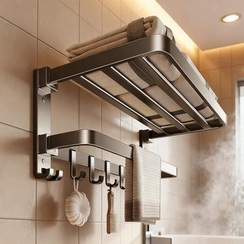 Portasciugamani senza foratura, portasciugamani da parete, autoadesivo, porta asciugamani da bagno, doppia asta pieghevole a 90°, con 5 ganci per asciugamani, 60 cm