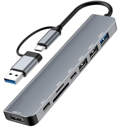 Hub USB C 8 en 2, 4 puertos USB-A, 1 puerto de datos tipo C, 1 puerto de alimentación tipo C 5V, lector de tarjetas SD/TF, multipuerto USB3.0 compatible con MacBook Air/Pro, iPad, Surface Laptop