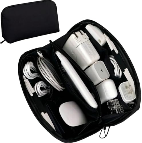 Black Large Tech Organiser Pouch Cable Storage Durable Holiday Essentials | Water Resistant Tech Organiser Pouch Multi Compartments Cable Organiser Travel Holiday Essentials for Men Women