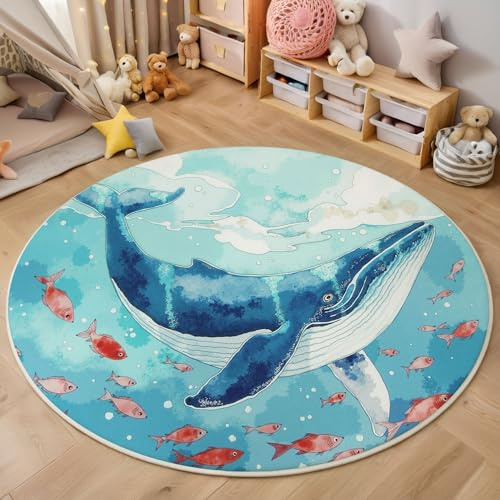 HASLEFND Kinderteppich Rund, Blau Meerestiere Blauwal Roter Fisch, Kurzflor Waschbarer Teppich Extra Weich und Antiallergen für Jungen und Mädchen Spielzimmer 80cm