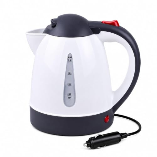 Wasserkocher Auto 1L, Tragbare Reise wasserkocher für Auto Camping, Reisekocher mit Zigarettenanzünder-Stecker, Automatische Abschaltung und Trockenkochschutz (12V150W-Weiß)