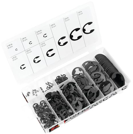 Performance Tool W5208 300pc E-Clip Assortment, Black | Includes 9 popular sizes of external retaining rings. Packed in a convenient re-sealable plastic case