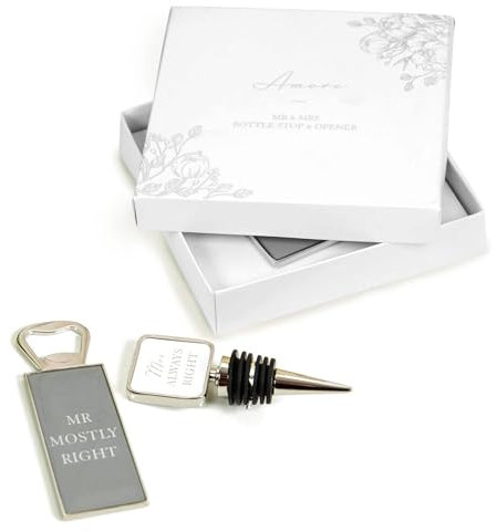 Mr Mostly Right & Mrs Always Right Bottle Opener & Bottlestopper Wedding Set in Gift Box