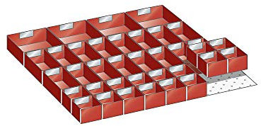 LISTA Einsatzkästen, 16 Schubladen (75x75 mm, 150x75 mm, 150x150 mm), Schubladennutzgröße BxT 612x612 mm, Rot, Metall