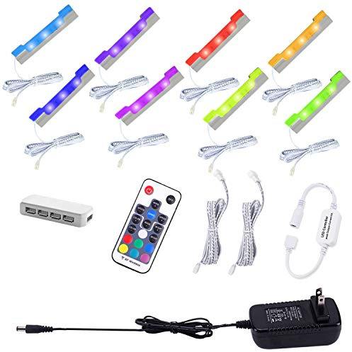 AIBOO LED Glass Shelf Lighting Kit for Glass Edge Back Side Lighting Using Flexible Cable and Clip with RF Remote(8 Lights,RGB)