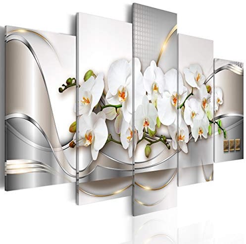 decomonkey Bilder Blumen Orchidee 200x100 cm 5 Teilig Leinwandbilder Bild auf Leinwand Wandbild Kunstdruck Wanddeko Wand Wohnzimmer Wanddekoration Deko Abstrakt Modern weiß beige