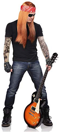 Balinco Herren 90er Jahre Rocker Komplettset mit Perücke + Stirnband + Sonnenbrille + Armbänder + Tattoo Sleeves + Handschuhe