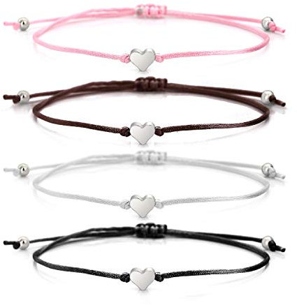 Filigranes Herz Armband Damen -Herz Freundschaftsarmband - Schwarzes Textil Band mit Silberfarbenem kleinen Herz - Handmade - Frauen Armband Größenverstellbar(4 Stuck)
