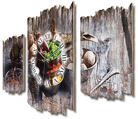 Kreative Feder Dreiteilige Designer-Wanduhr Gewürze Kräuter Shabby-Chic Landhaus-Stil leise Funkuhr ohne Ticken 95x60cm aus Holz (Gewürze, leises Funkuhrwerk)
