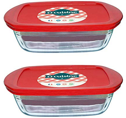 Pyrex O'Cuisine Borosilicate Glass Rectangular Dish with Plastic Lid 1.1L Red (Pack of 2)