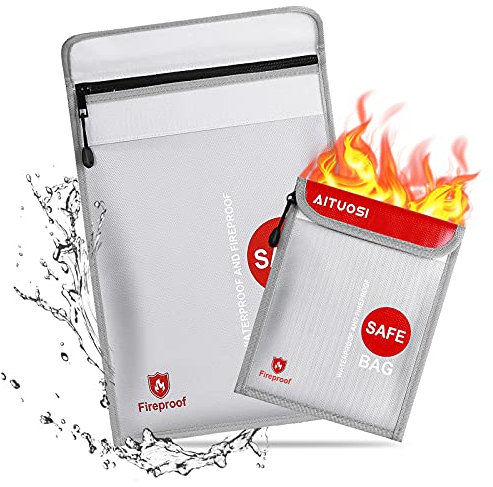Feuerfeste Dokumententasche, 2 Stück Set wasserdichte und feuerfeste Aufbewahrungstasche, Wasserfeste Sichere Tasche für Wertsachen Storage for Money, Documents, Jewelry and Passport (Grau)