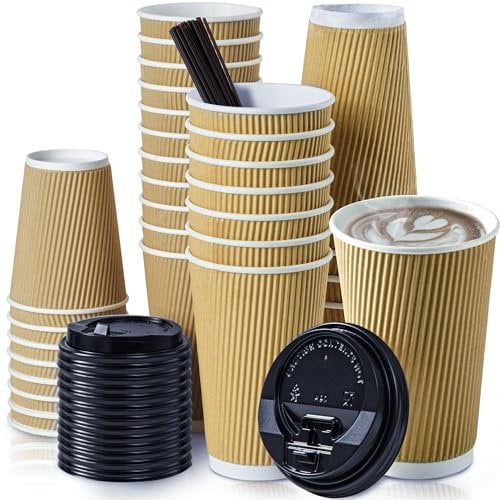 Fit Meal Prep 50 Pack 16 oz Insulated Ripple Triple Wall Paper Coffee Cups with Black Lids, Premium Disposable, Brown To Go Anti Slip for Hot Beverage, Christmas, Travel, Office