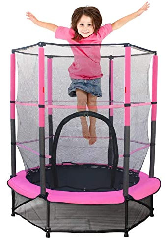 Kinder Trampolin 140 cm,Kinder Trampolin Indoor mit Sicherheitsnetz, und Rahmenabdeckung|Eingebauter Reißverschluss,Strapazierfähiges Stahlrahmen Outdoortrampolin für Kinder ab 3 Jahre (Rosa)
