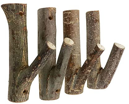 Tsnamay 4 ganci da parete in vero legno, con rami di albero, rustici, in legno con corteccia, spessore 2 cm-3 cm, con vite