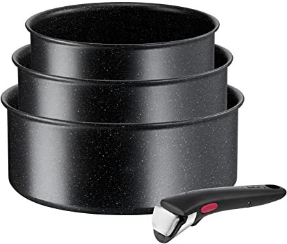 Tefal Ingenio Black Stone L39996 Lot de 4 casseroles empilables avec revêtement antiadhésif Compatible induction Indicateur de température de signal thermique Noir