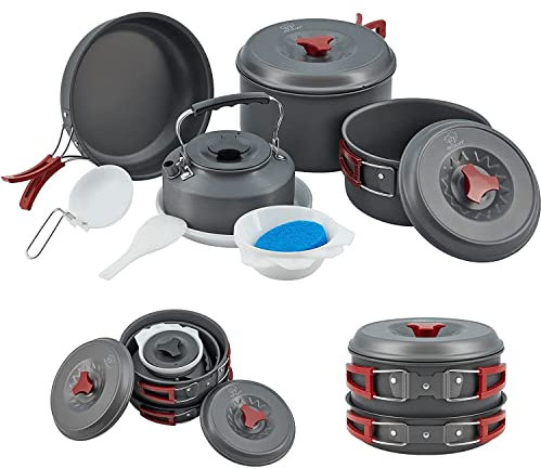 Bulin 17-teiliges Camping-Kochgeschirr-Set, antihaftbeschichtet, Rucksackreisen, Kochgeschirr-Set, Outdoor-Kochausrüstung, für Familie, Wandern, Picknick, Einheitsgröße