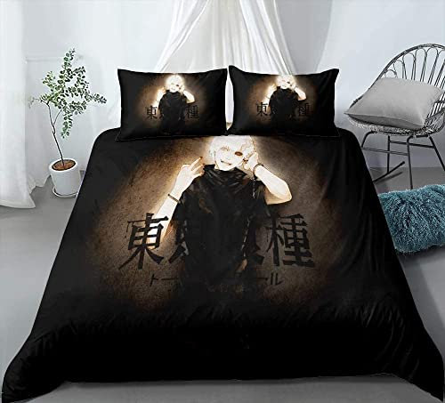 Tokyo Ghoul Kaneki Ken Anime Bettwäsche-Sets Cartoon 3D-gedrucktes Polyestergewebe 1 Bettbezug + 2 Kissenbezüge (keine Bettdecke)