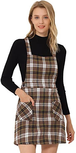 Allegra K Femme Robe Chasuble Trapèze à Motif Tartan à Carreaux Brun M