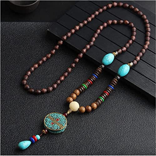 HXSCOO Vintage handgemachte Nepal Halskette buddhistische Mala Holzperlen Anhänger Halskette ethnische Horn Fisch Lange Aussage Schmuck (Size : Style8)