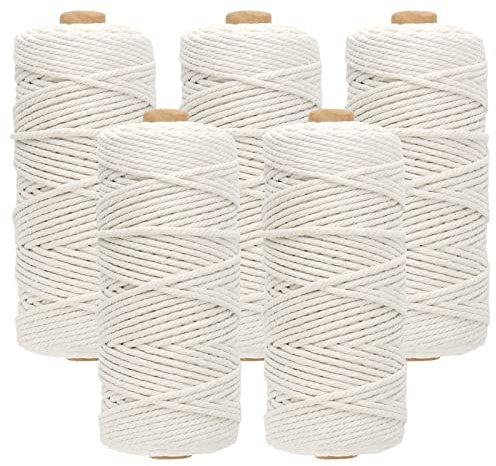 ZEONHEI 5 Stück 5 Rollen 3mm x 100m Makramee Garn, Weiß Natur Kordel Schnur Garn,Makramee Garn 3mm Weiß, Makramee Baumwolle Garn für DIY, Handwerk Hängender Topf,Zusammenstellung Der Dekorationen
