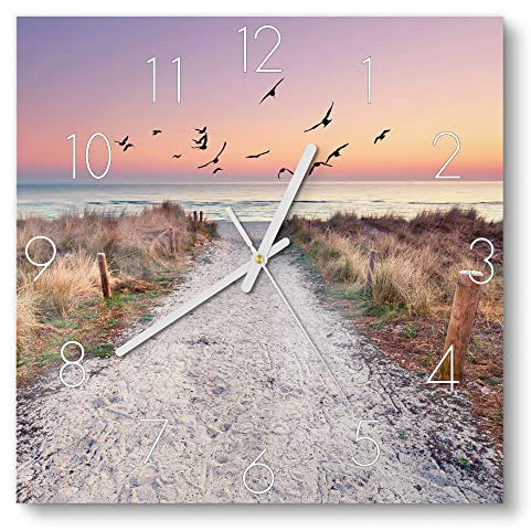 DEQORI Glasuhr | 30x30 cm | Motiv Strandaufgang zur Ostsee | ausgefallene leise Design Uhr aus Glas | Wanduhr für Wohnzimmer & Küche | Moderne Hingucker Uhr für die Wand